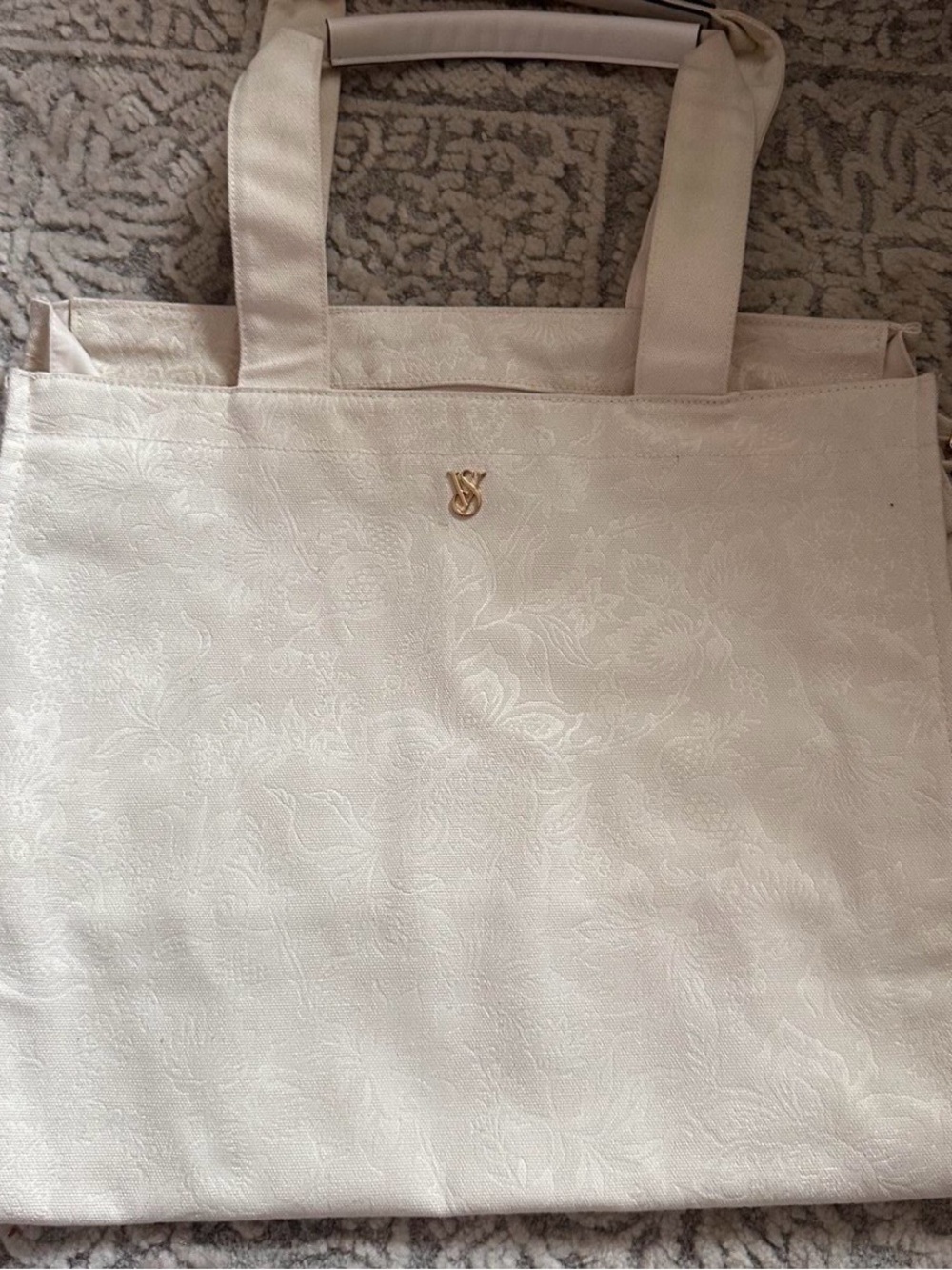 Victoria's Secret Cream Floral Jacquard Tote with Gold Logo
